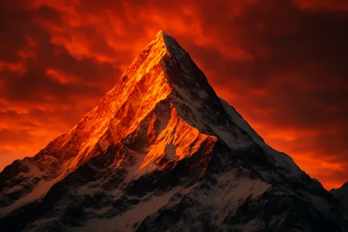 Majestic mountain peaks illuminated by sunset light against a backdrop of clouds