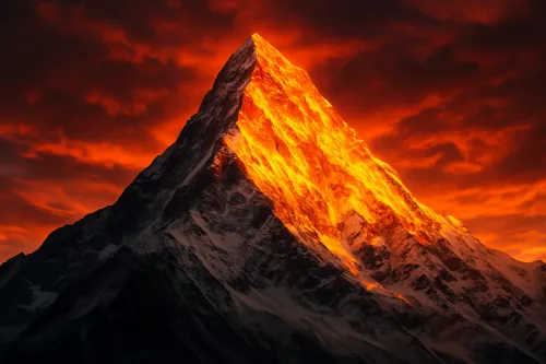 Majestic mountain with snow-capped peaks illuminated by a sunset with orange clouds