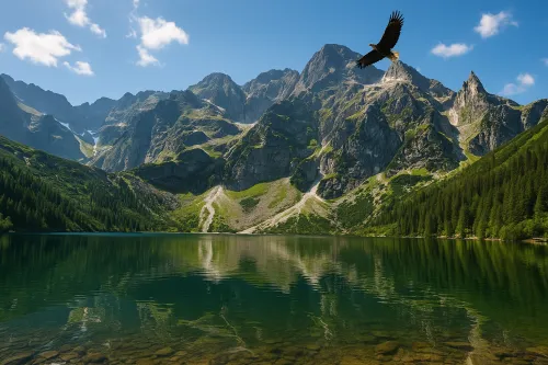 Majestic mountains and a lake with reflections, eagle in the sky