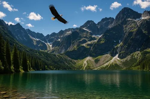 An eagle flying over a beautiful mountain lake and peaks