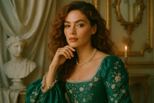 A woman with curly hair dressed in an elegant historical dress