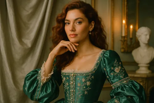 Beautiful woman in green attire against a richly decorated interior