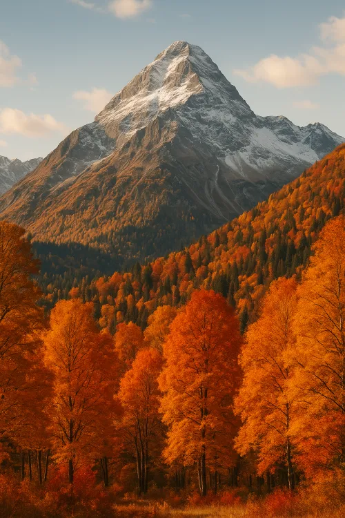 Autumn landscape with orange trees and a snow-covered mountain in the background