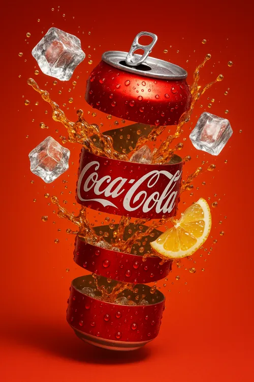 Cocoa-Cola splashes in the air with lemon and ice cubes
