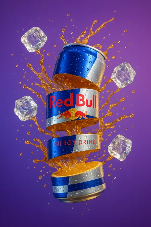 Image of Red Bull cans and ice, purple background