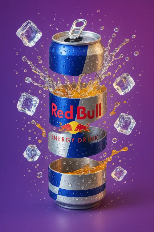 Dynamic image of a Red Bull can with ice and beverage