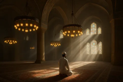 A person in white attire meditates in a spacious mosque with stained glass windows