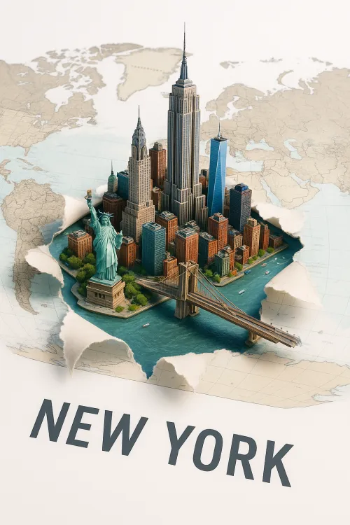 3D model of New York with famous buildings and a map