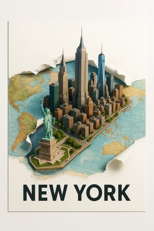 Model of New York with famous landmarks on a world map