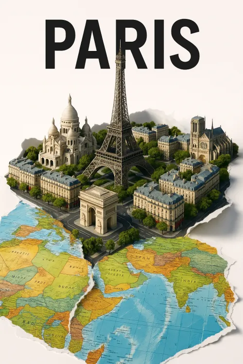 3D model of Paris with famous landmarks and a world map