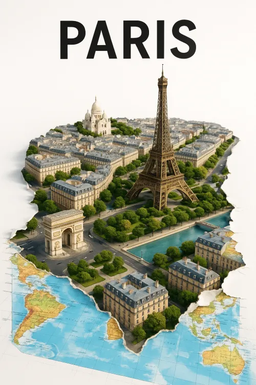 Model of iconic Paris landmarks against a world map background