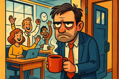The frustrated gaze of an unhappy employee against the backdrop of a cheerful team of colleagues