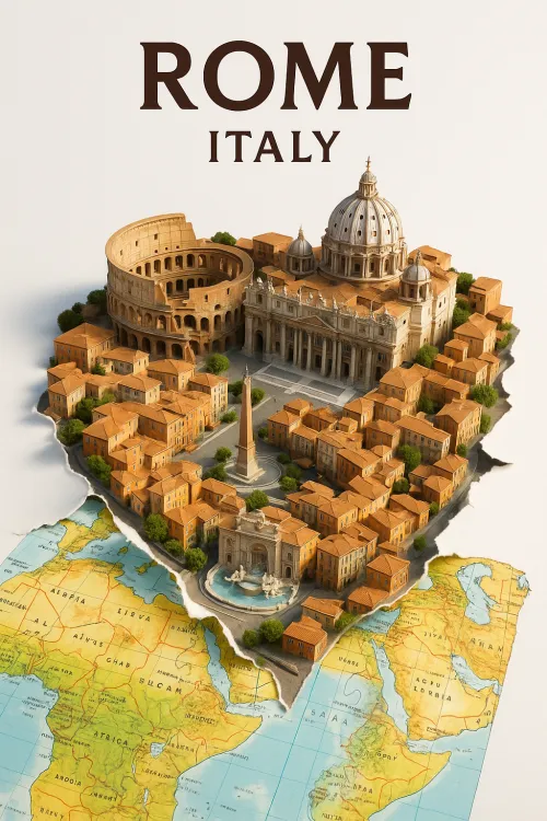 Detailed model of Rome featuring famous landmarks and a map