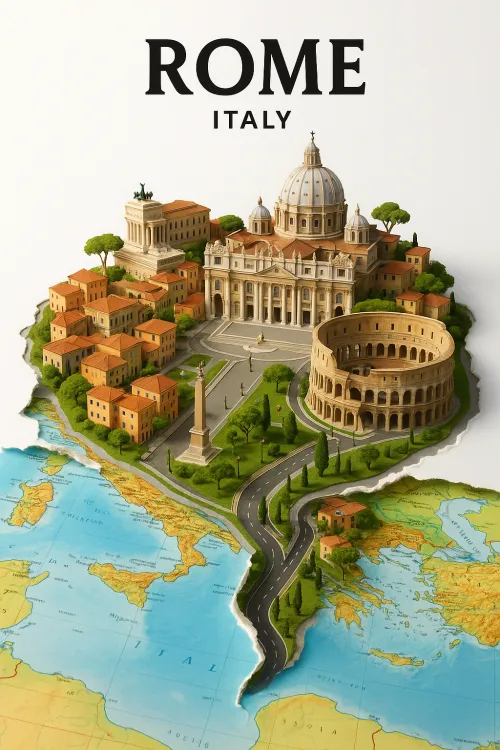 3D illustration of Rome featuring its iconic buildings and landmarks