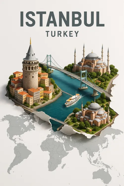 Model of Istanbul with the Galata Tower and Hagia Sophia against the backdrop of a world map