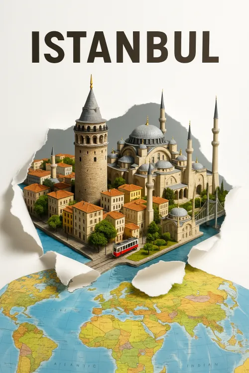 Model of Istanbul with historical buildings against a world map background