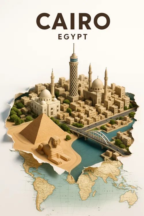 Visualization of Cairo with the pyramids, sphinx, and modern buildings
