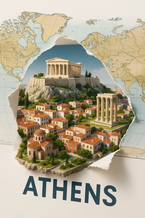 Image of Athens with the Parthenon and ancient temples against the backdrop of a world map.