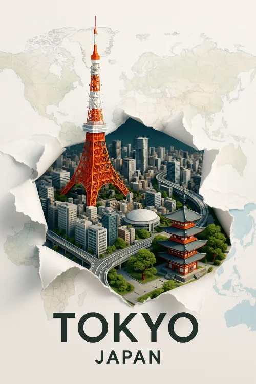 Image of the city of Tokyo with Tokyo Tower and a traditional Japanese temple