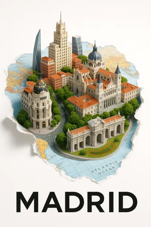 Image of a miniature model of buildings in Madrid on the world map
