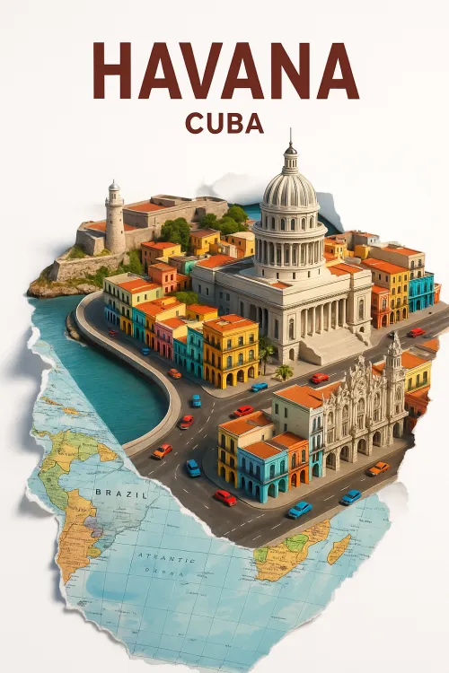 Image of the city of Havana with its attractions on the map of Cuba