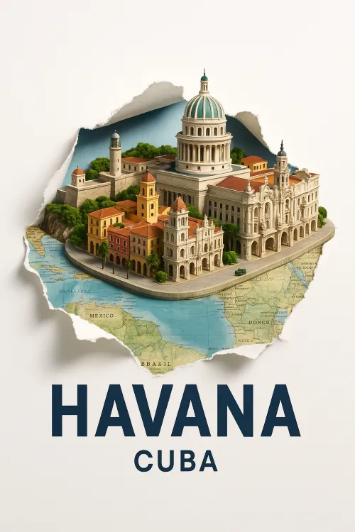 Detailed model of Havana with a map of Cuba in the background
