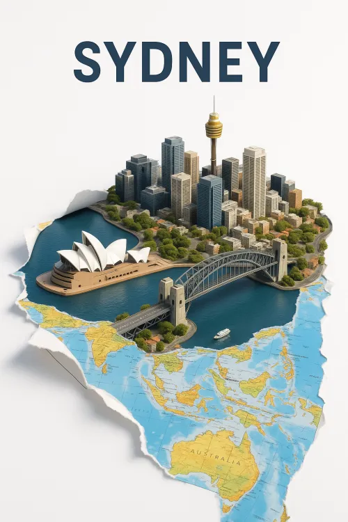 Sydney, brought to life in 3D, with a map of Australia in the background