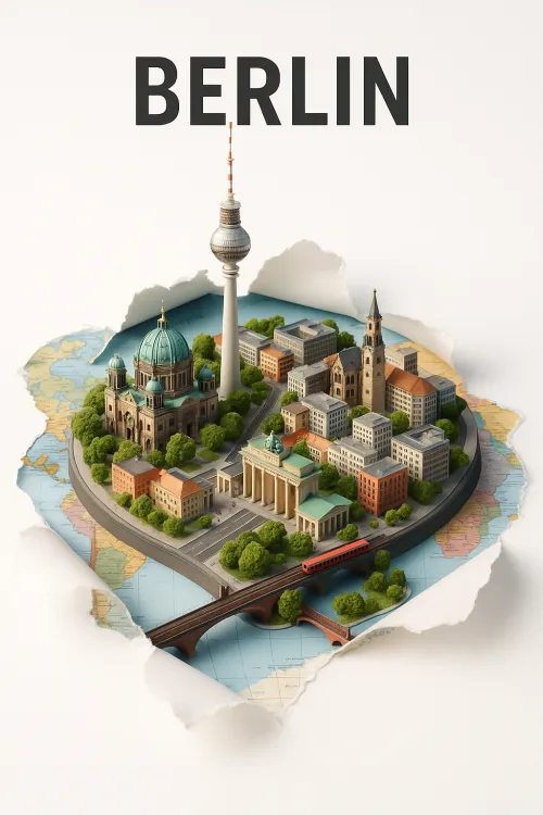 Three-dimensional model of Berlin with architectural landmarks on the map