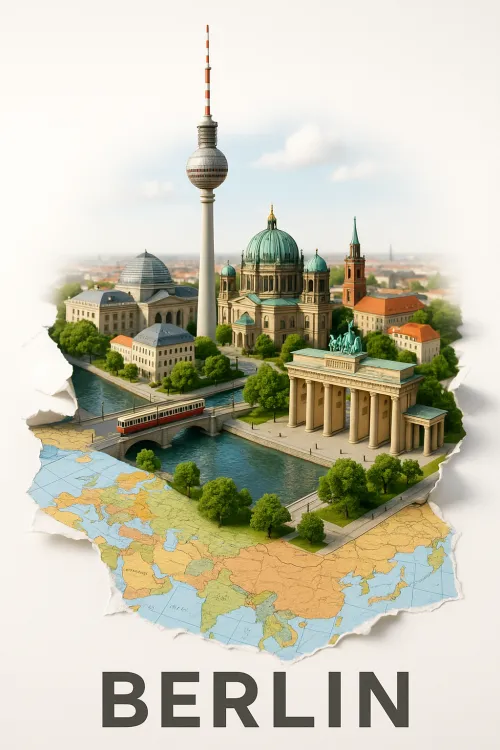 Stylized image of Berlin with key landmarks and a map