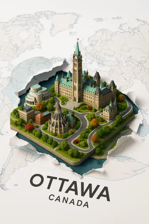 Three-dimensional model of the city of Ottawa with famous buildings and landscapes