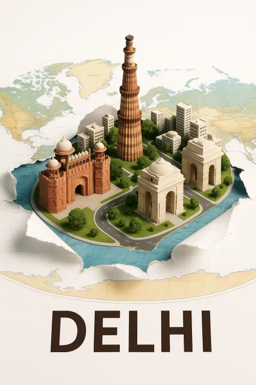 Model of historical monuments of Delhi against the backdrop of a world map