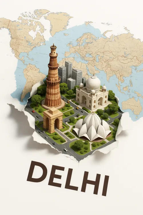 Modernized map of Delhi featuring famous landmarks
