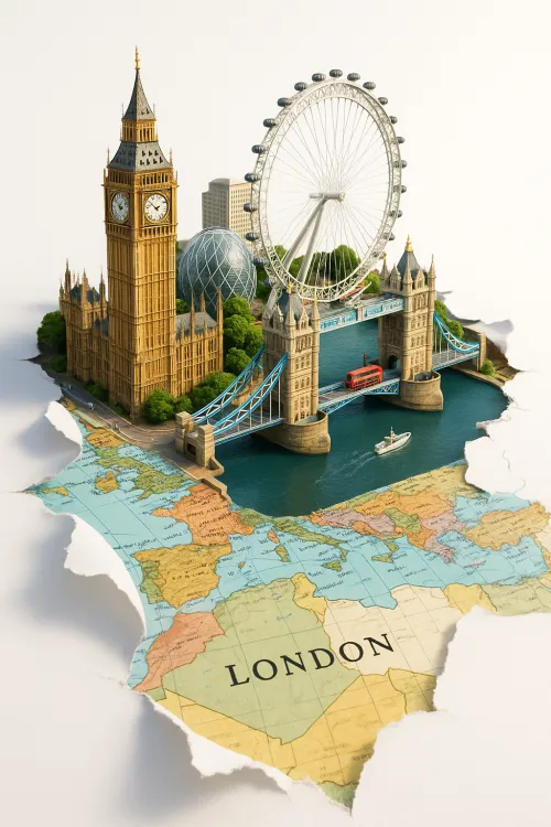Image of a miniature representation of famous London landmarks on a map