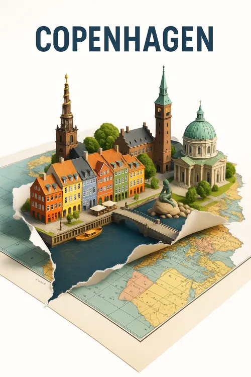 Miniature model of Copenhagen against the backdrop of a world map