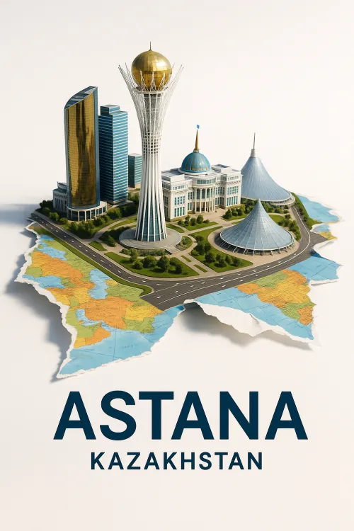 Model of modern buildings in Astana, located on the outline of the map of Kazakhstan