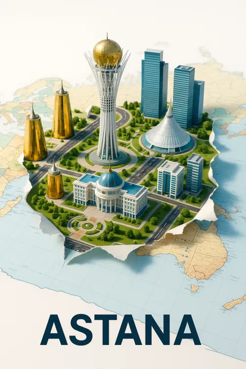 Model of the capital of Kazakhstan, Astana, featuring key buildings against a map background