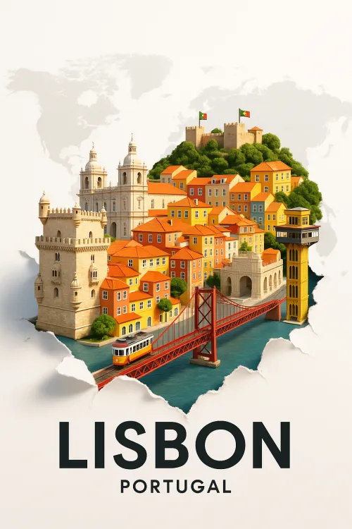 Illustration of the city of Lisbon with historical buildings and bridges