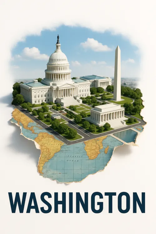 3D model of significant buildings in Washington against a map background