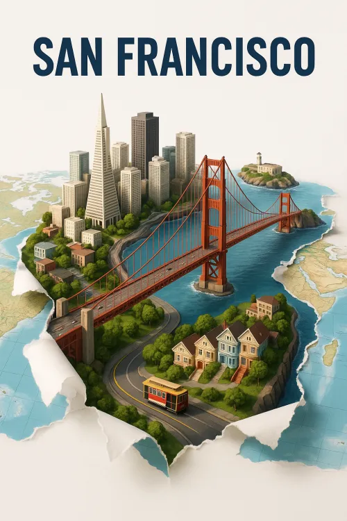 Overview of San Francisco’s famous landmarks in a creative composition