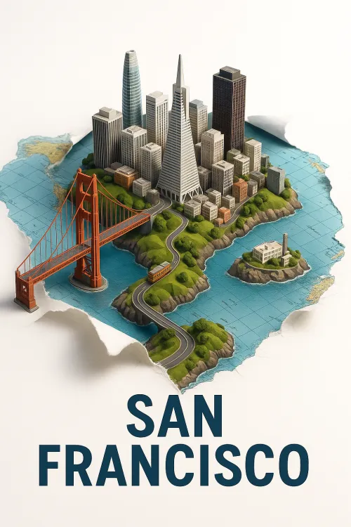3D model of San Francisco with famous landmarks and the bridge
