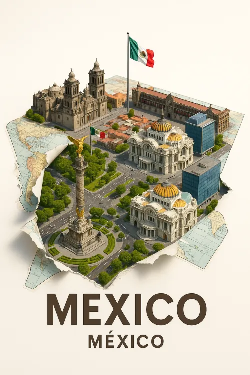 Model of Mexico City with architectural landmarks against a map background