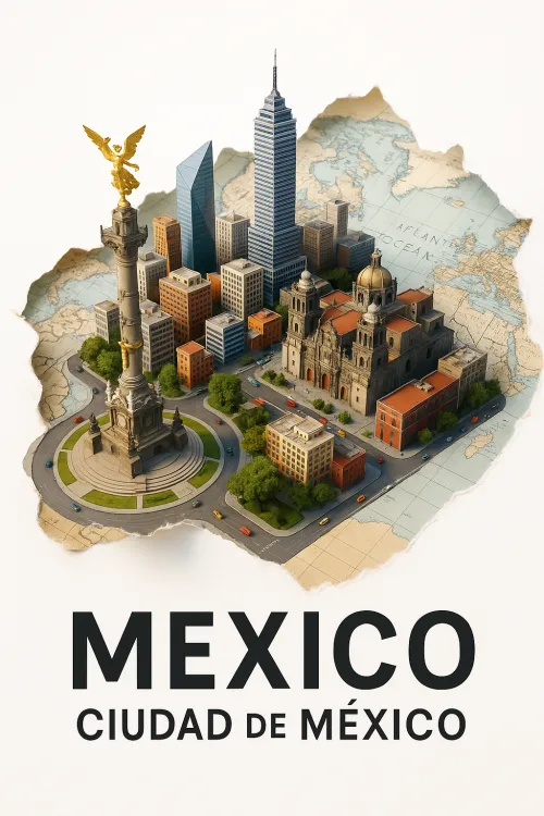 Model of Mexico City with famous landmarks against the backdrop of a map