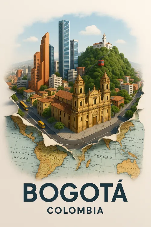 The image showcases the architecture and nature of Bogotá against a map backdrop