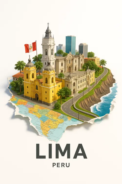 Model of the city of Lima with historical buildings and a map of Peru