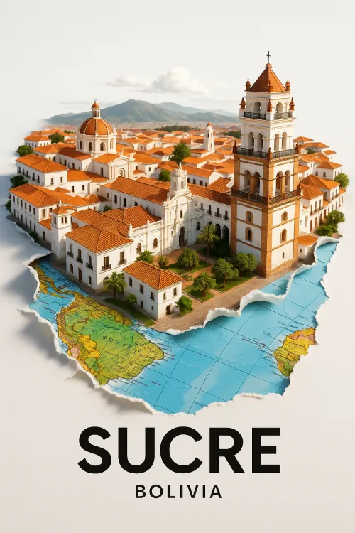 Detailed model of the historic city of Sucre with a map of Bolivia
