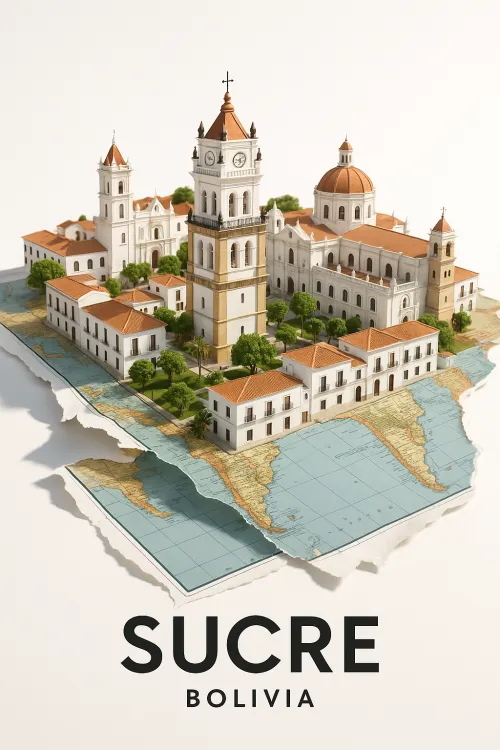 Detailed model of the architecture of Sucre's center with a map in the background