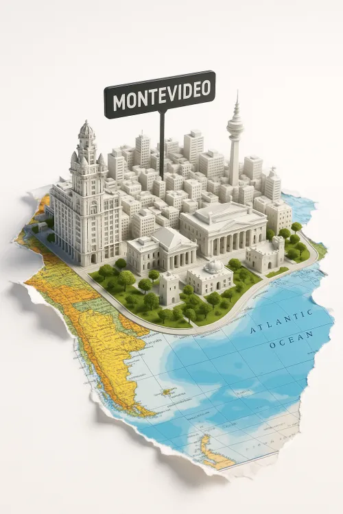 Three-dimensional model of Montevideo with labels on the map of South America