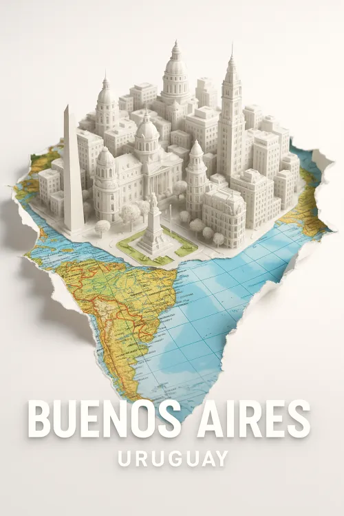 Model of the city of Buenos Aires against the backdrop of a geographical map of Uruguay