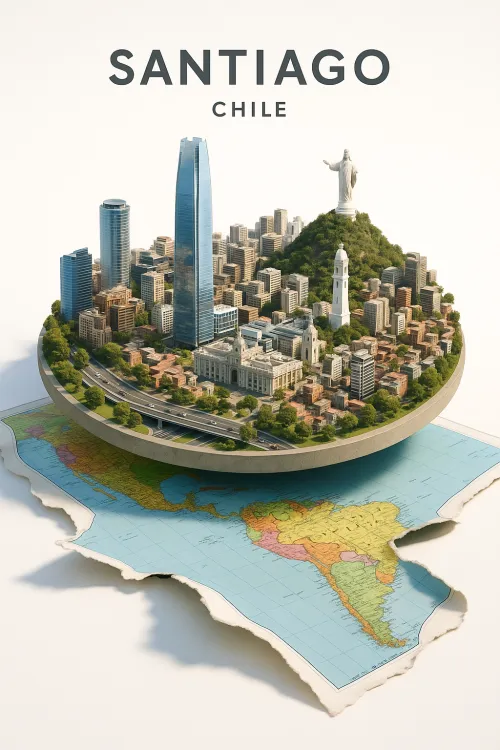 Model of the city of Santiago surrounded by a map of South America