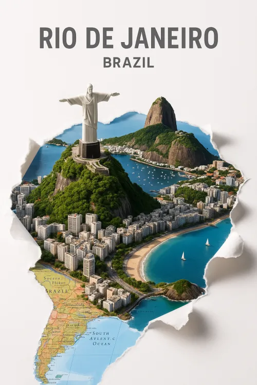View of Rio de Janeiro with Christ the Redeemer and a Map of Brazil